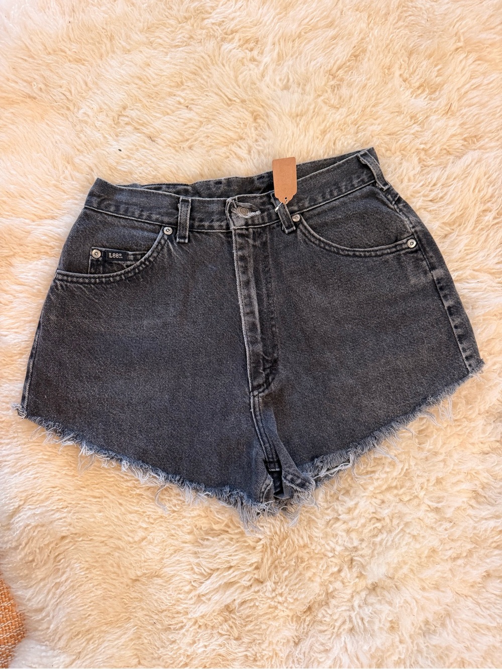 VINTAGE Lee Washed Black Denim Frayed Hem Shorts